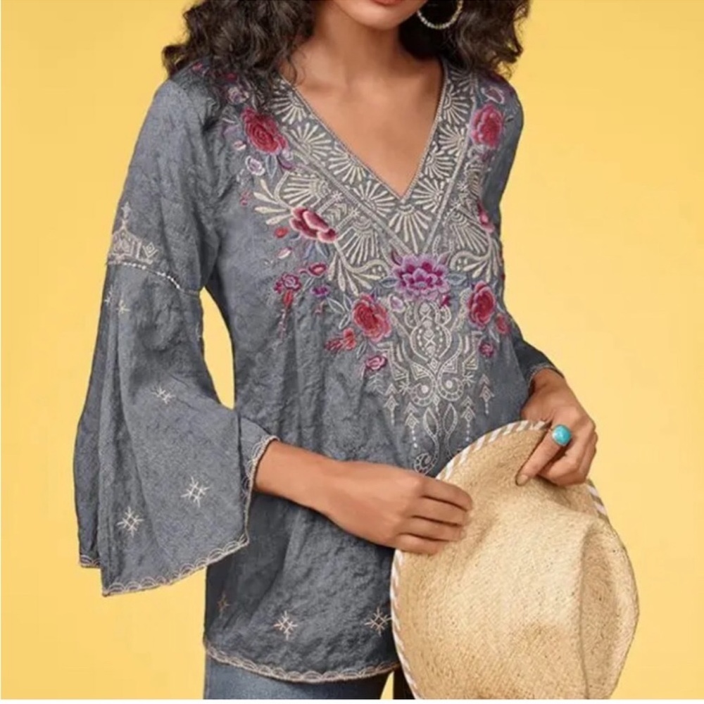 Johnny Was Caelynn V-Neck Swing-Sleeve Embroidered Blouse Top
